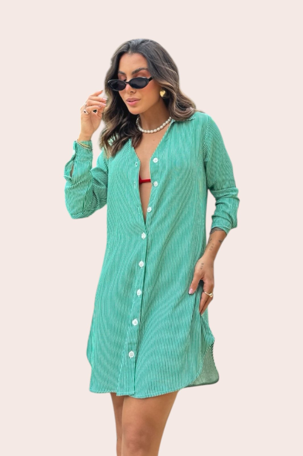 Vestido Chemise Praia Ícone Fashion Manga Longa Listrada Verde