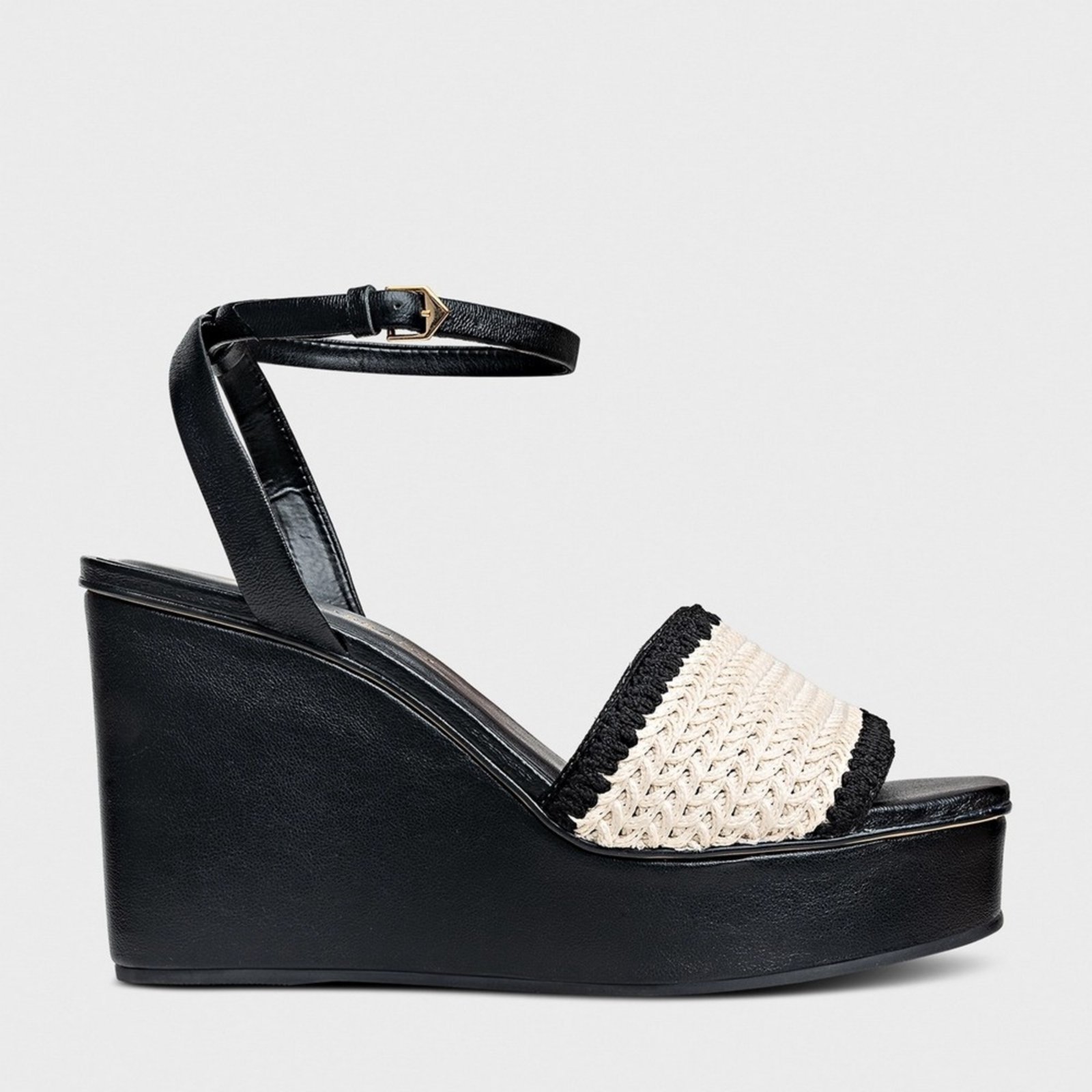 Sandália Anabela Bicolor Crochet e Couro Carrano 154113 Preto