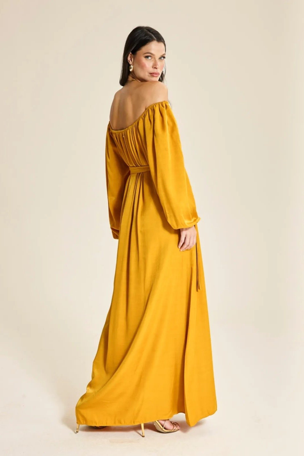 Vista 3 Vestido Longo Ombro a Ombro Manga Gloss Ruth - Gold dourado gold dourado gold