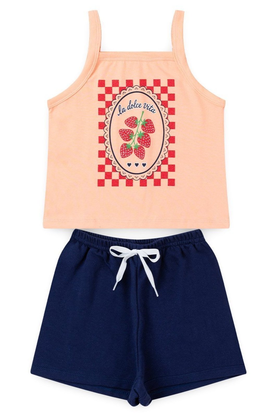 Infantil - Conjunto Menina Verão Blusa Cropped de Alcinha Estampa Morangos em Cotton Shorts Moletinho