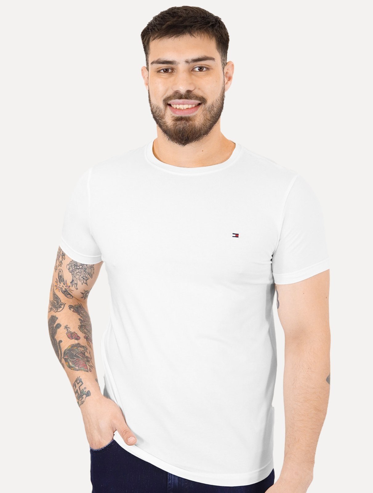 Vista 2 Camiseta Tommy Hilfiger Masculina Slim Fit Essential Stretch Branca branco Tommy Hilfiger branco