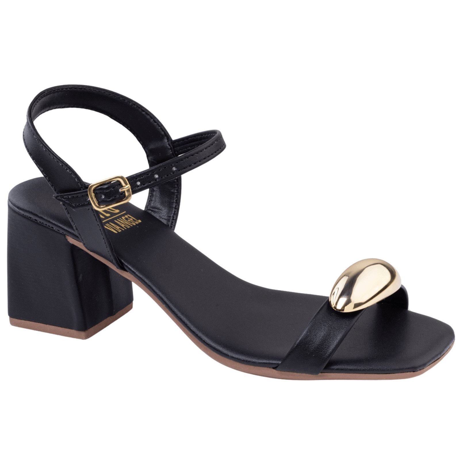 Sandália Feminina Salto Médio Quadrado Enfeite Dourado Delicada Versátil Elegante Confortável Via Angel 8602 Preto