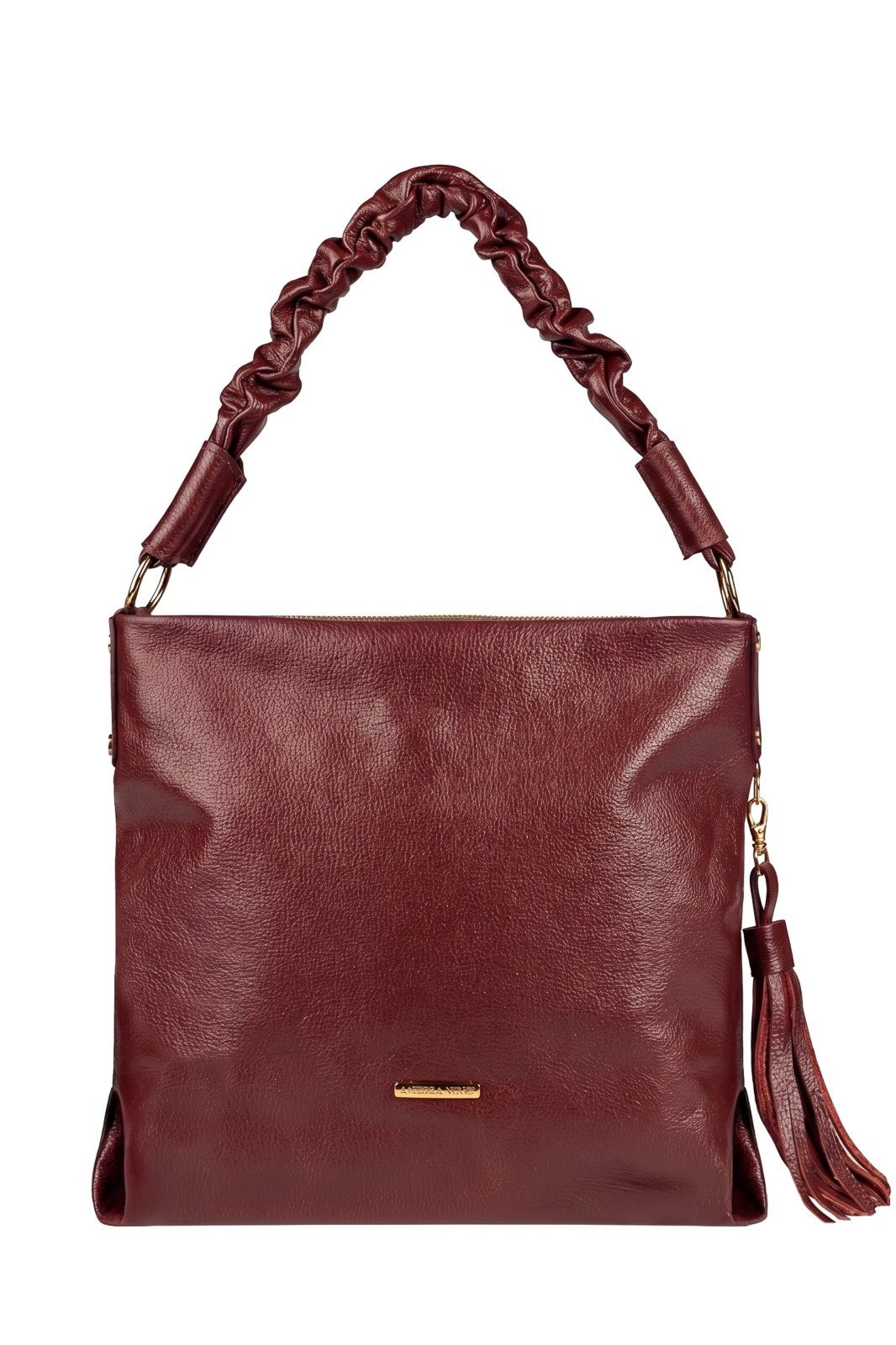 Bolsa de ombro em couro liso alça franzida Brenda - Marsala