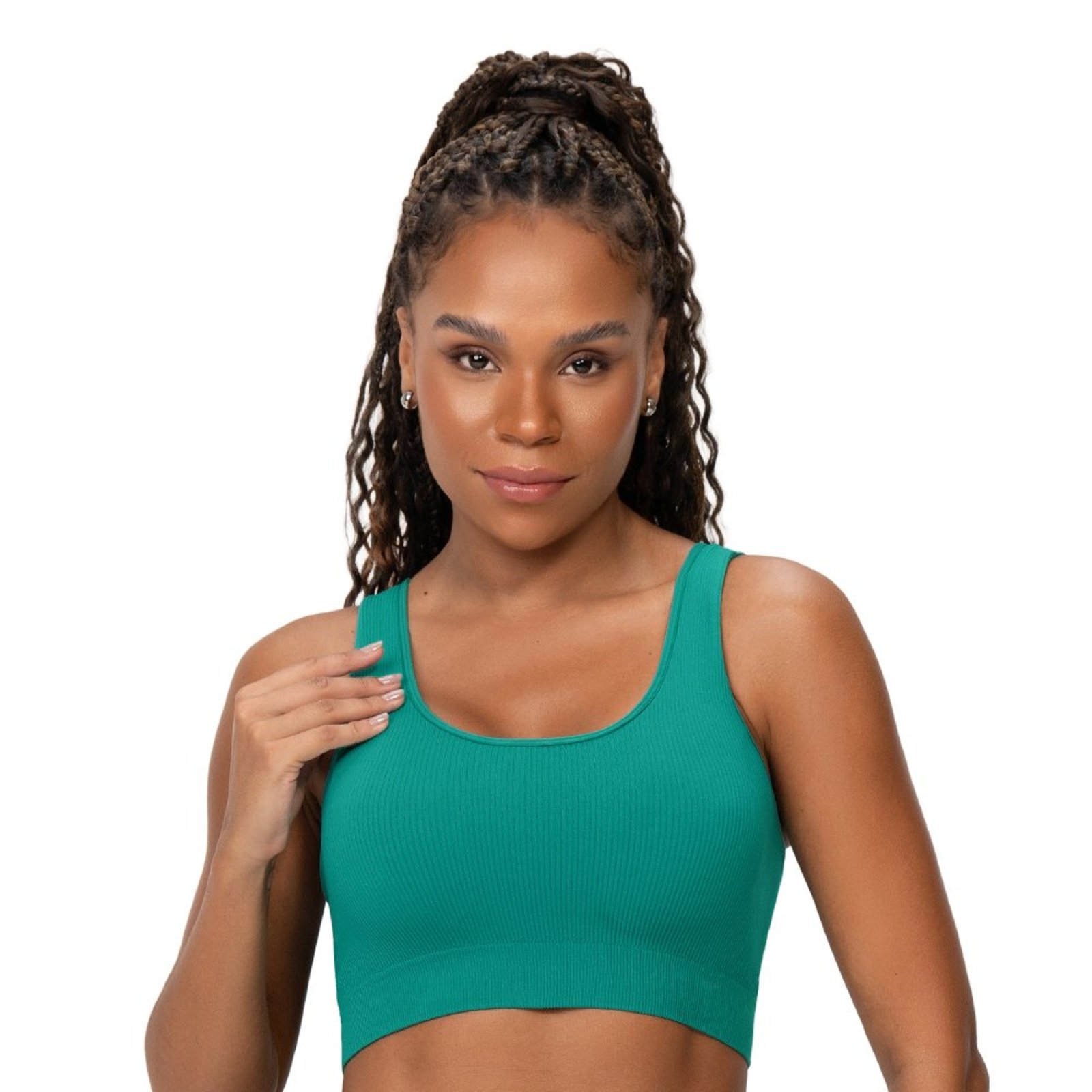 Top Fitness Efeito Ribana com Bojo Removível sem Costura Verde Azulado