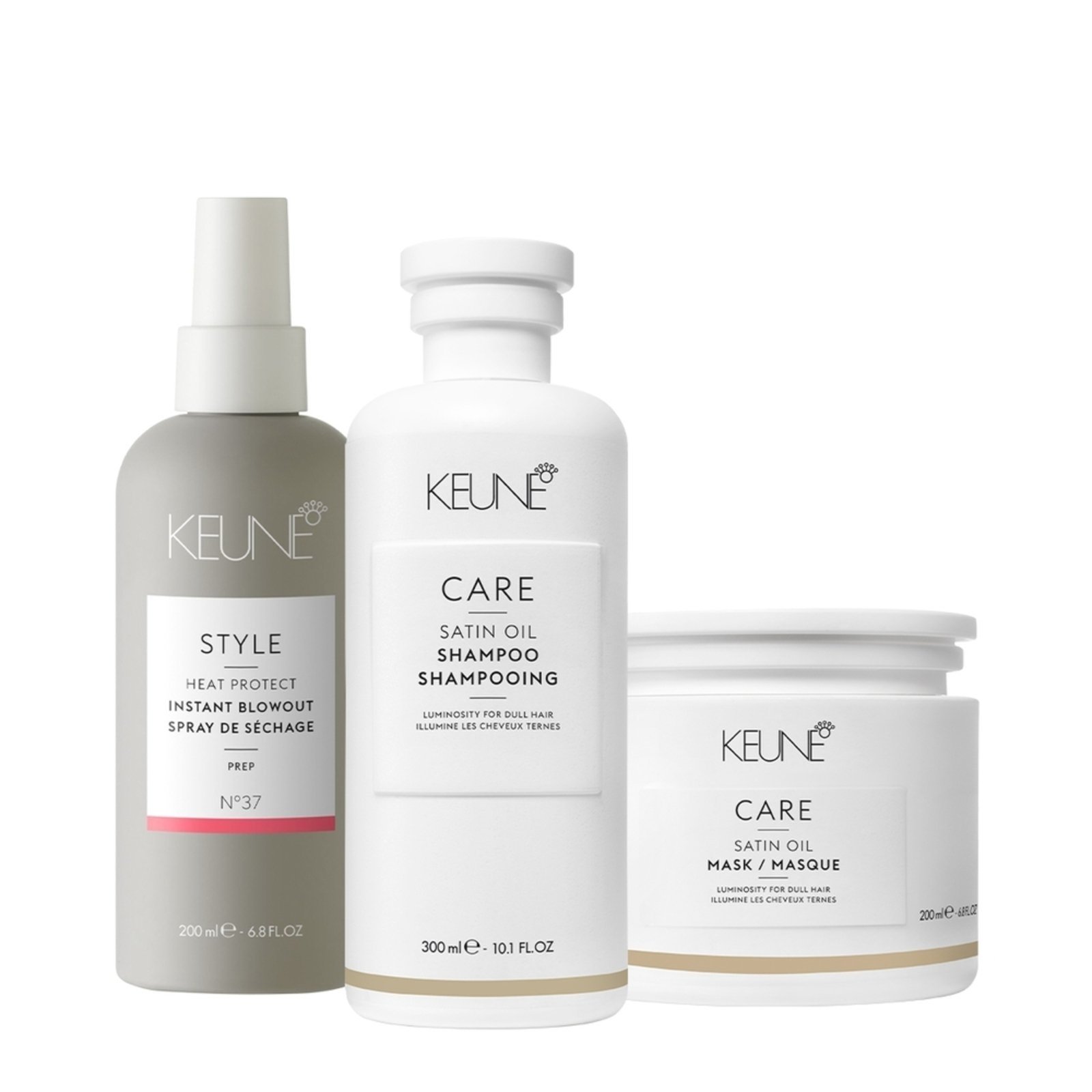 Kit Keune Care Satin Oil Shampoo Máscara e Style Instant Blowout 200ml Nº37 (3 produtos)