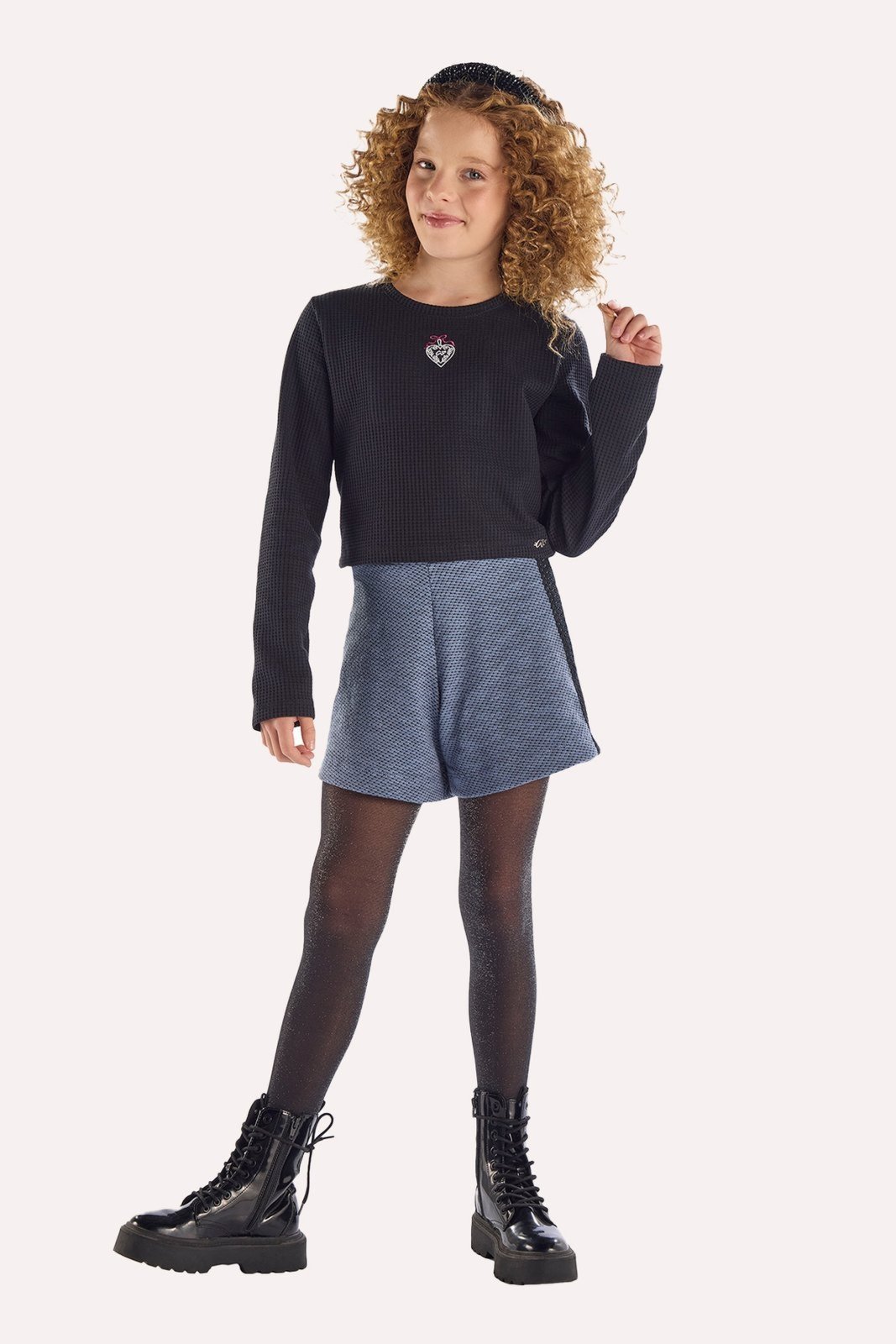 Infantil - Conjunto Azul Blusa em Jacquard e Shorts Xadrez