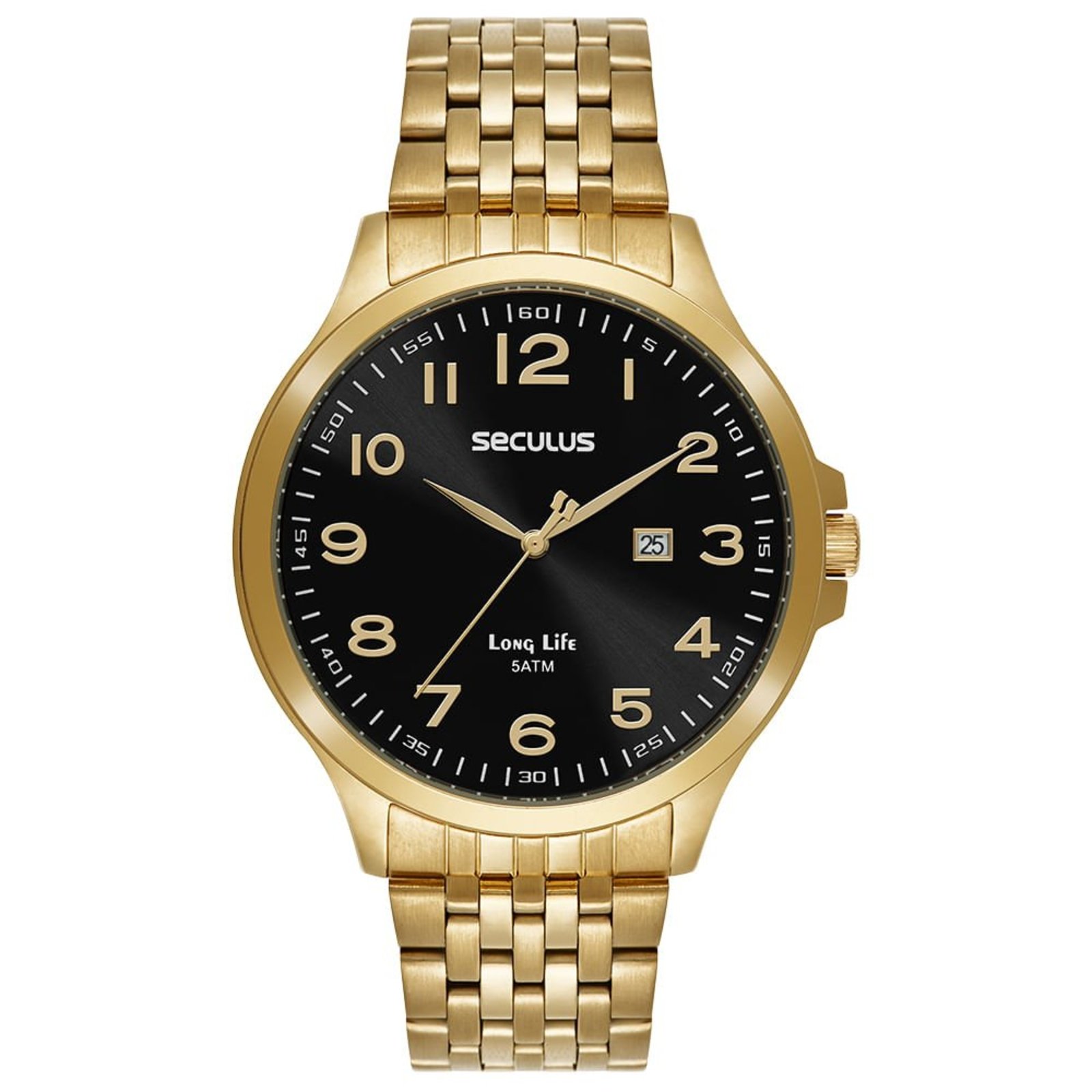 Relógio Masculino Aço Calendário Dourado Seculus
