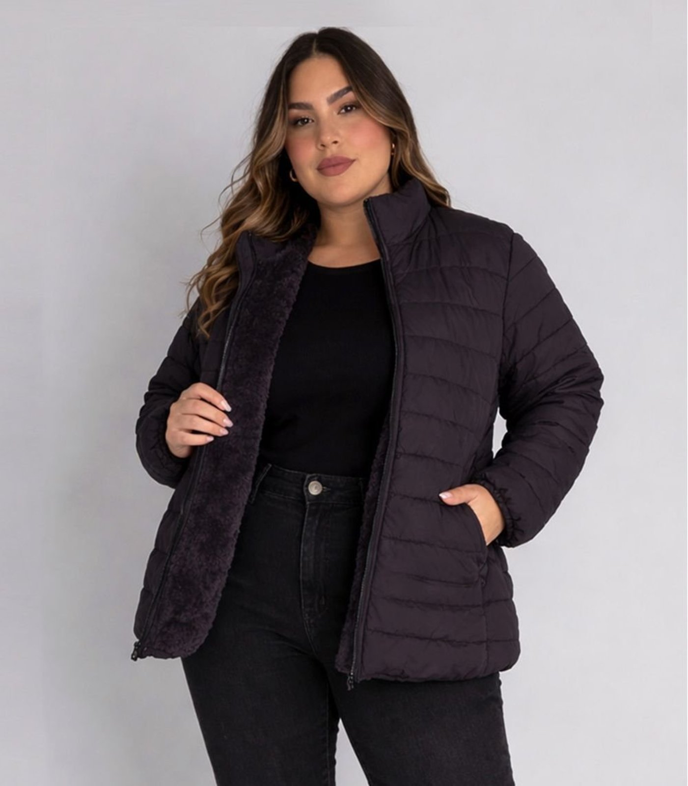 Jaqueta Feminina Plus Size Peluciada Sea Surf Preto
