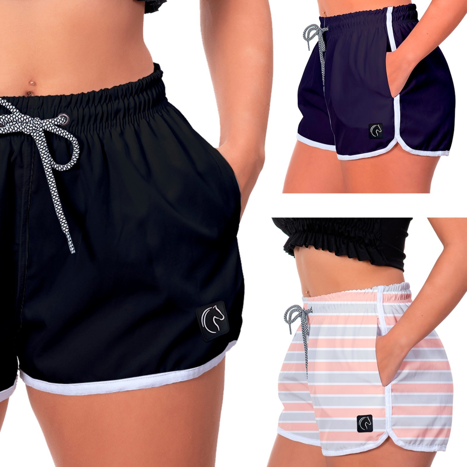 Kit 3 Shorts Feminino Premium Secagem Rápida com Elástico Cordão Ajustável e Bolsos Moda Praia Casual ou Treino Academia Preto, Azul Marinho e Listrado Rosa