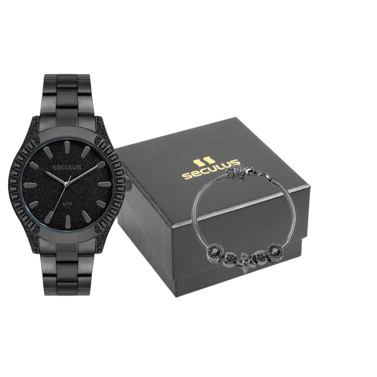 Kit Relógio Seculus Feminino Glitter Cristais Preto com Pulseira Seculus