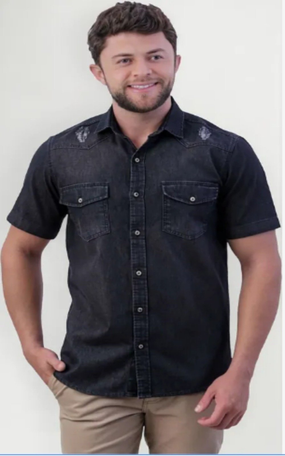 Camisa Jeans Amil 2 Bolsos Comfort Volcano Macia Manga Curta Luxo Preto