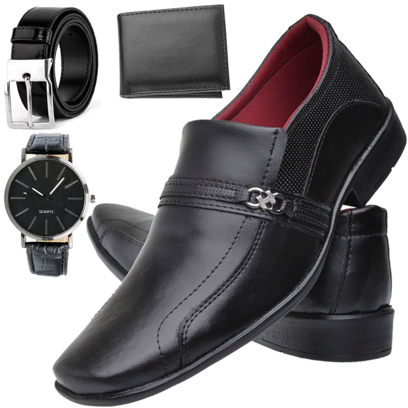 Kit Sapato Social Masculino Dhl Calçados Preto + Cinto + Carteira + Relógio