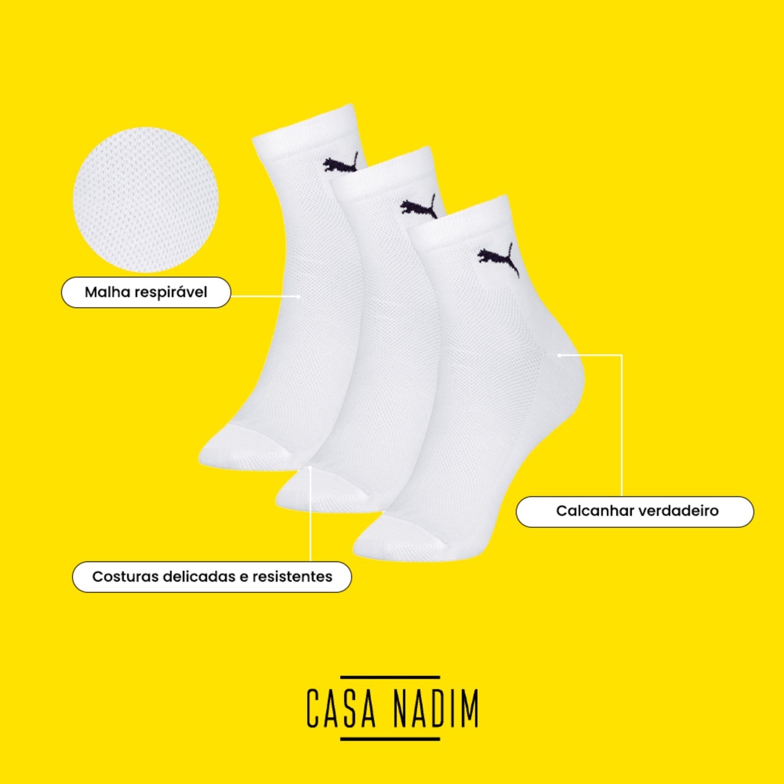 Vista 3 Kit 6 Pares Meia Puma Cano Médio Algodão Malha Repiravel Adulto Puma preto