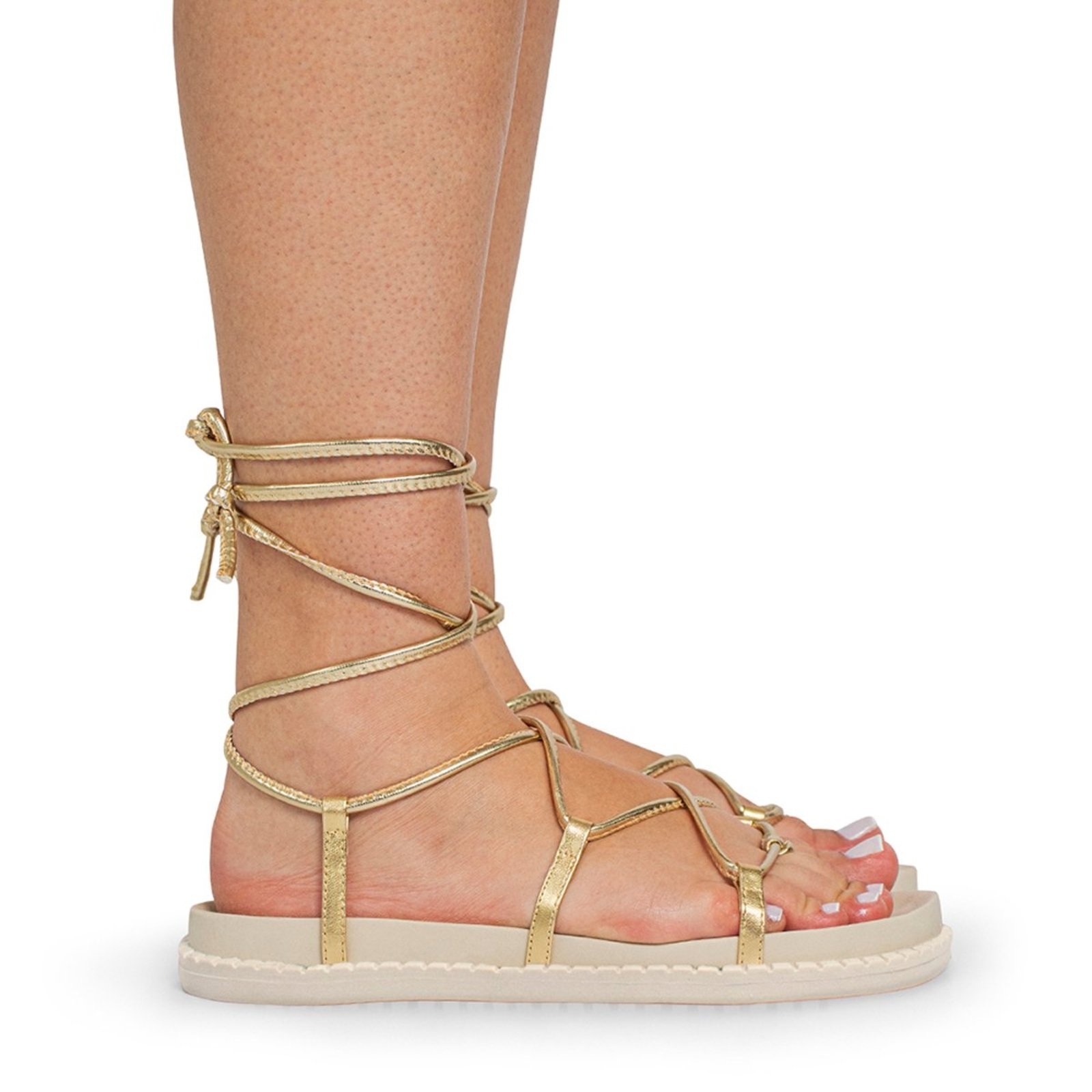 Sandália Rasteira Feminina Sartre Flatform Papete Amarrar Na Perna Leve Macia Sola Antiderrapante Dourada
