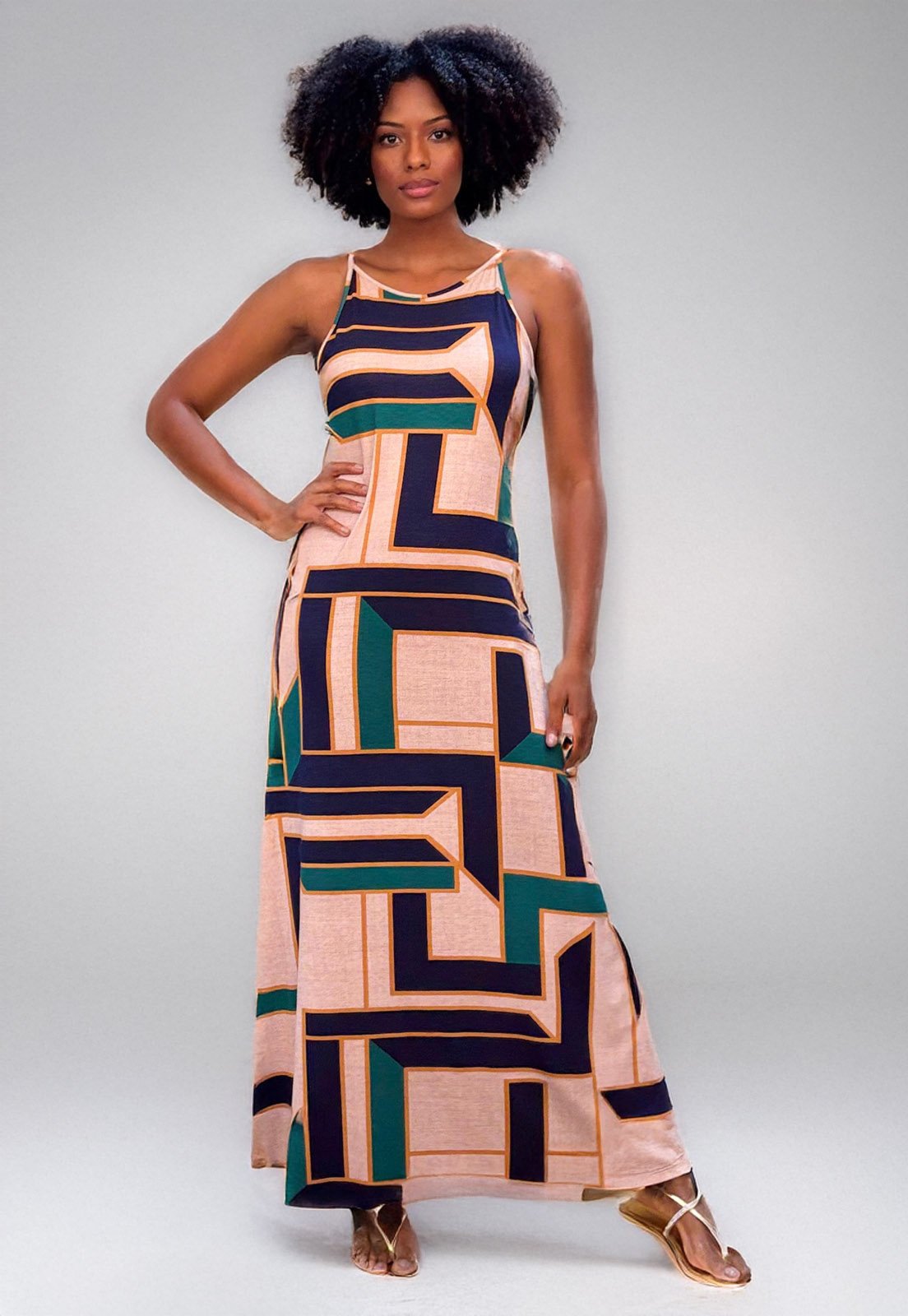 Vestido Longo Cabanafree Malha Trapézio Estampa Chapada de Areia