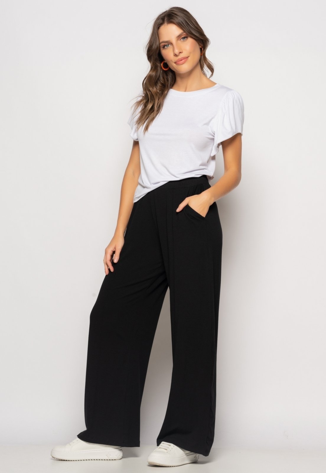 Calça Wide Leg Com Bolso Malha Salvatore Fashion Preto