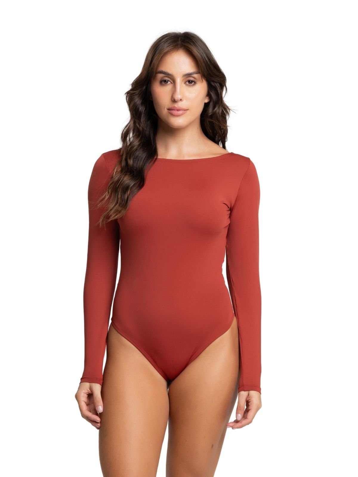 Body Feminino Manga Longa Decote Costas Abertas Nua Microfibra Sem Bojo Segunda Pele Terracota