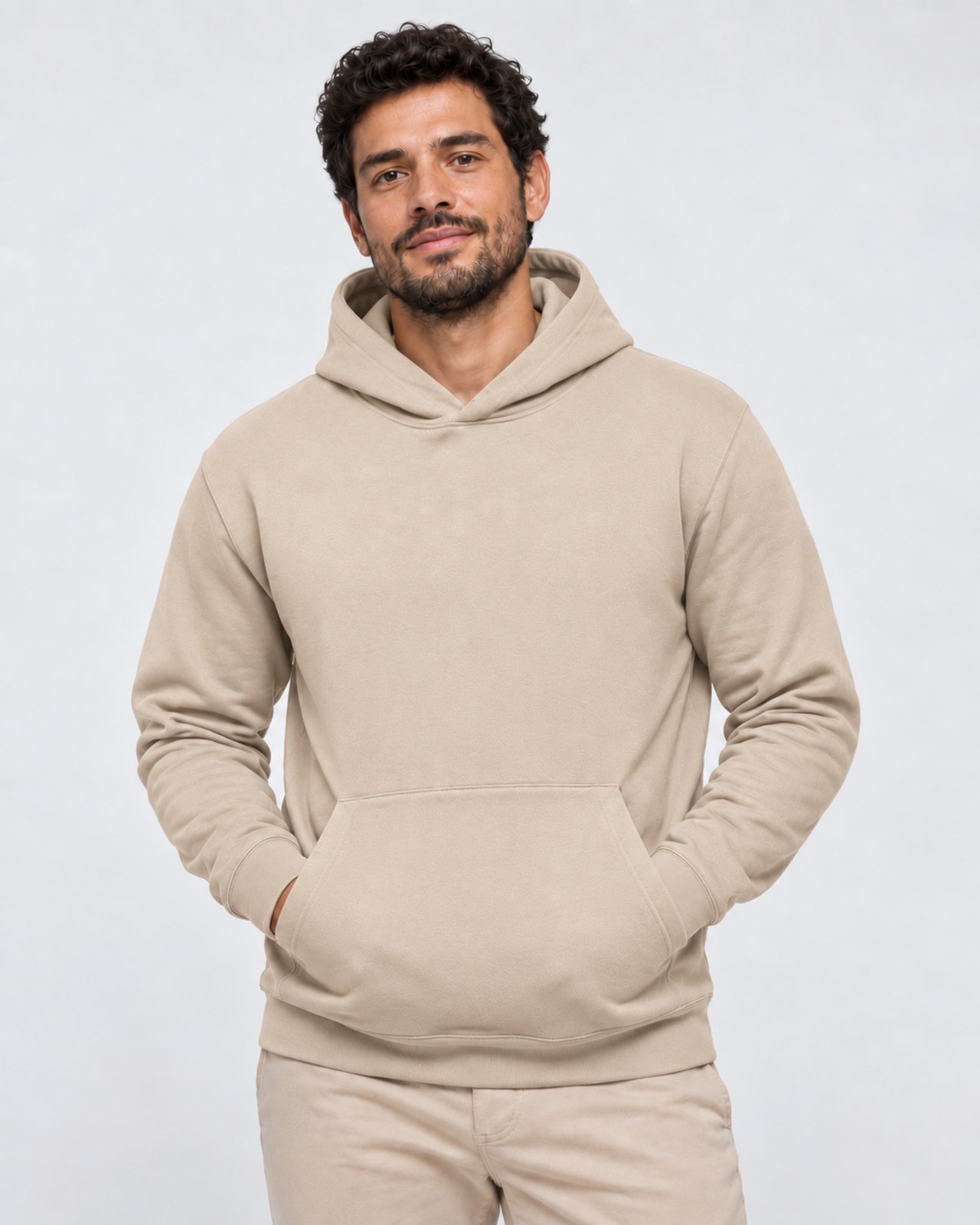 Blusa De Moletom Canguru Com Capuz E Bolsos Slim Fitness - Bege
