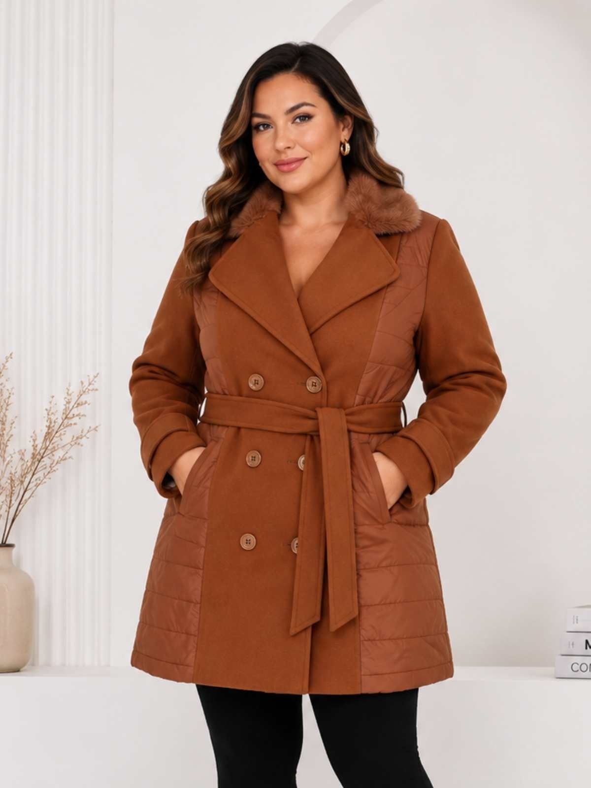 Casaco Feminino Marrom Elegante Alongado Acinturado Moda Inverno