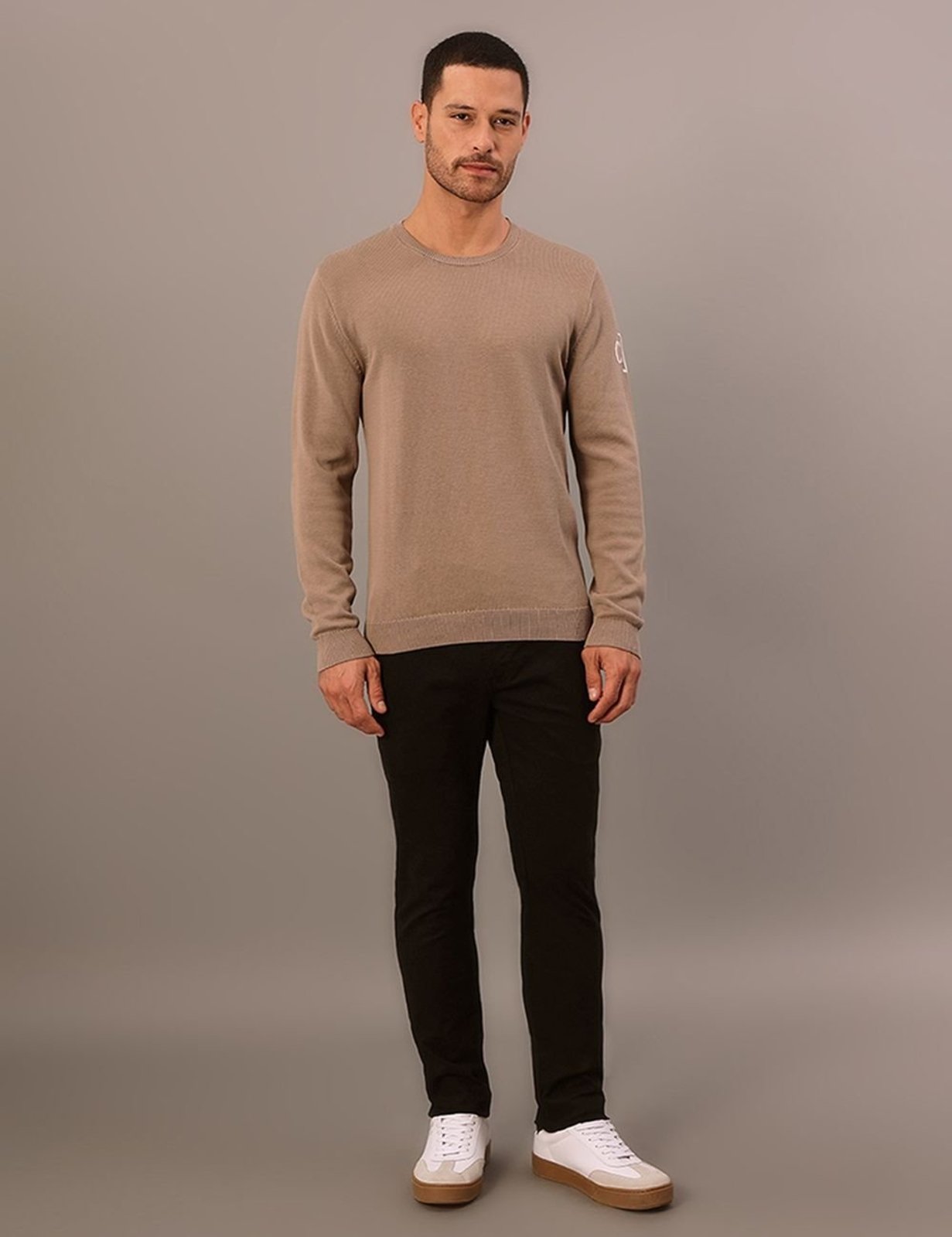 Tricot Gola Careca Algodão Logo Bicolor - Caqui Medio Calvin Klein Jeans