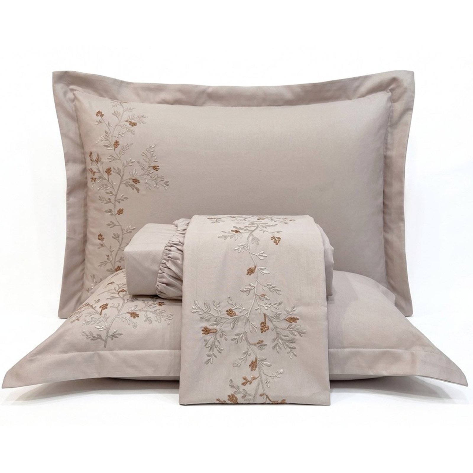 Jogo de Cama Lençol Queen Nuance Micropercal 300 Fios Bege Bordado Floral 4 Peças