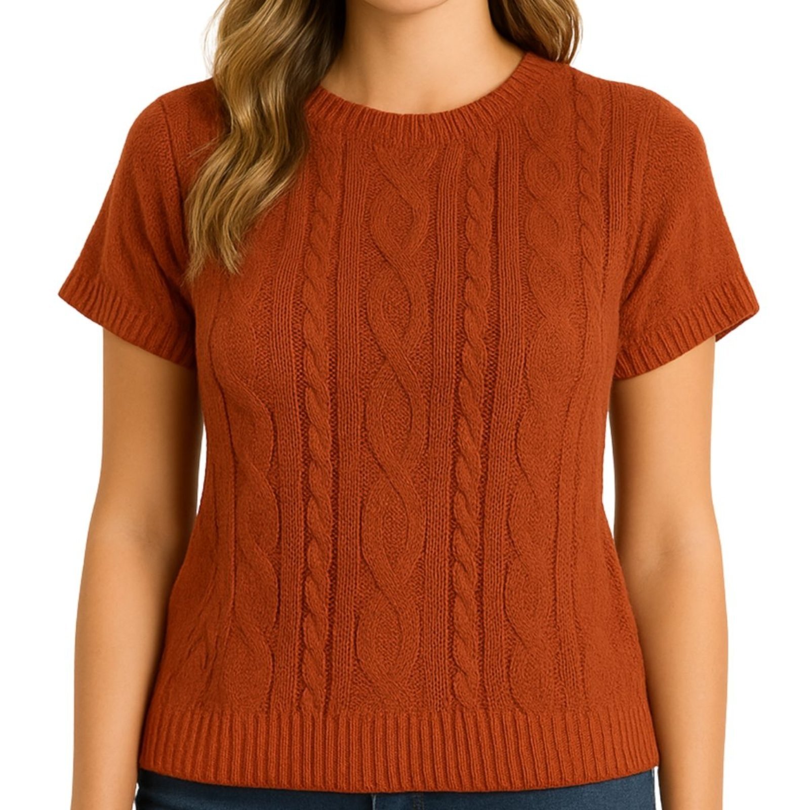 Blusa FMF Feminina Tricô Manga Curta Canelada Trama Trançada Marrom