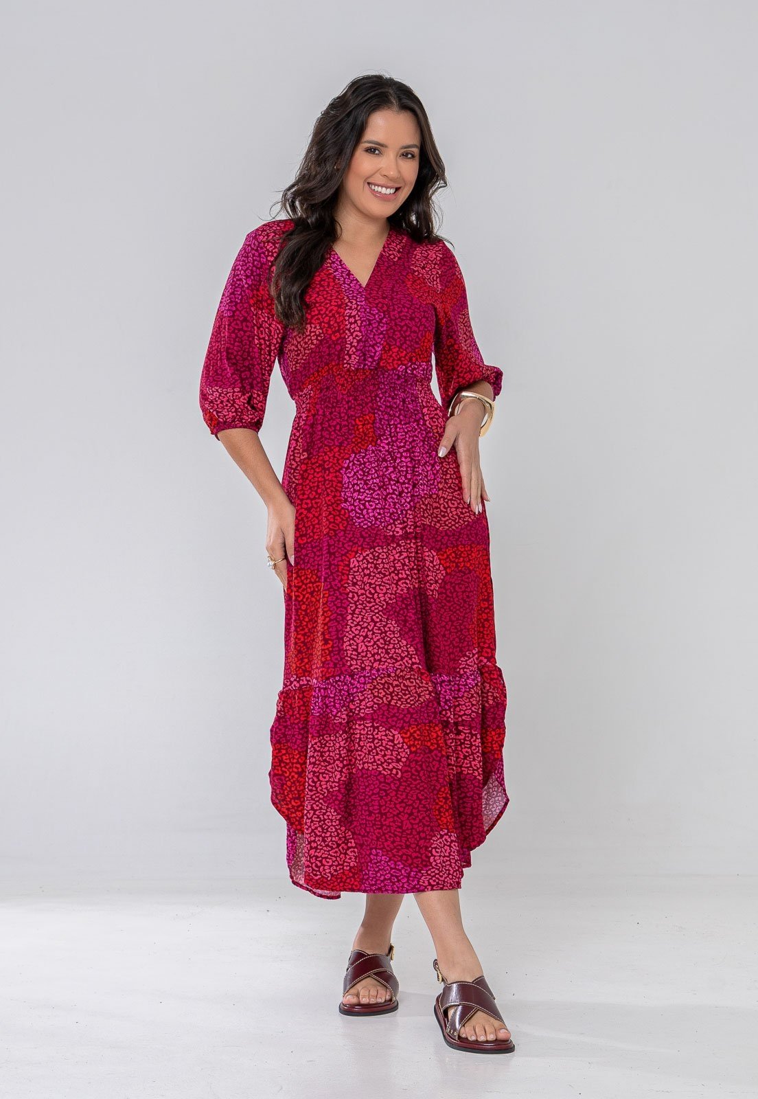Vestido Aura Joana Viscolinho Onça Rosa