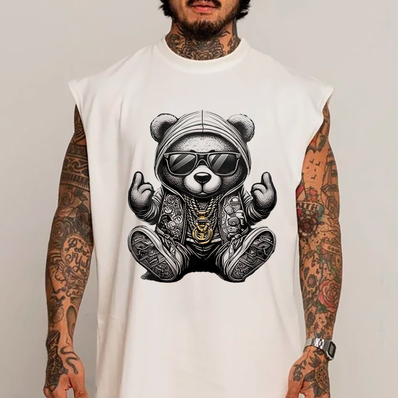Camiseta Regata Machão Urso Streetwear Hip Hop Premium Estilo Branco