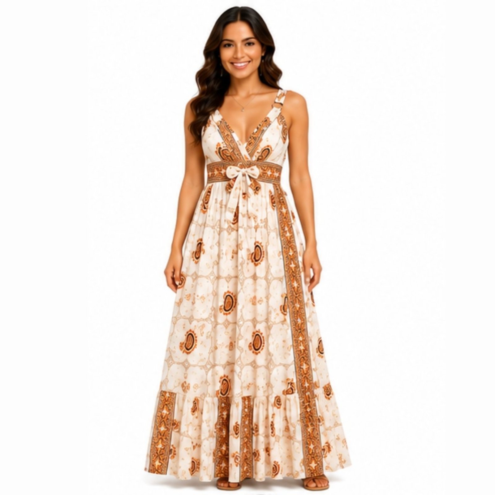 Vestido Longo Indiano Feminino Estampado Decote V com Lastex Branco