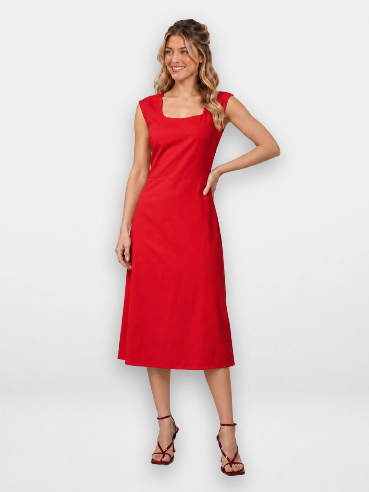 Vestido Feminino Pompier Midi em Viscose Decote Quadrado Manga Japonesa Vermelho