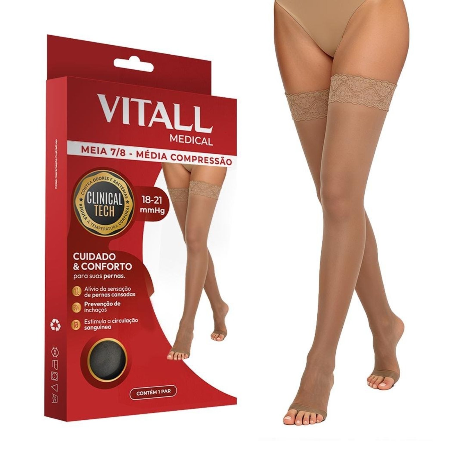 Meia 7/8 Medical Média Compressão Sem Ponteira Vitall 18-21 mmHg Feminino Bege