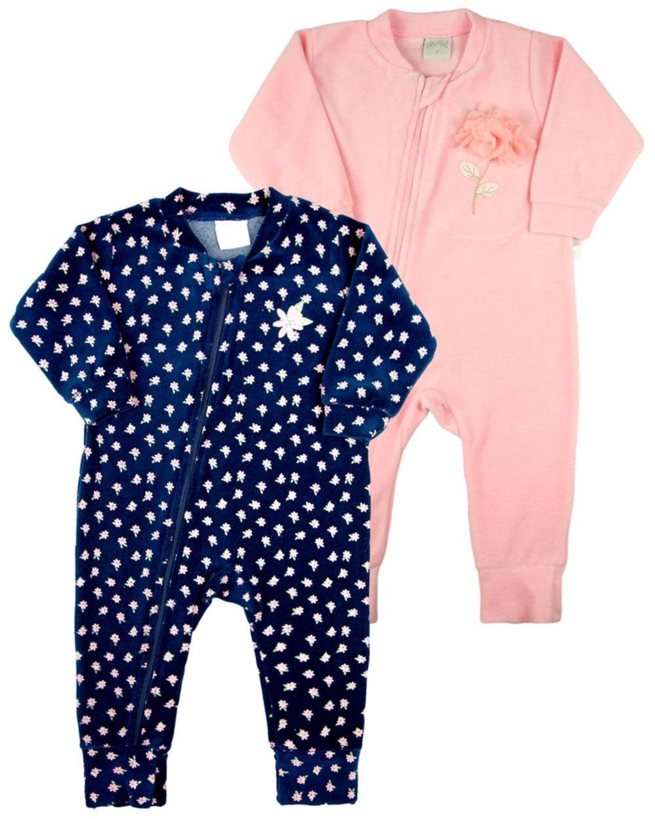 Infantil – Macacao Plush Kit 2 Macacão Flores Ziper Sem Pezinho