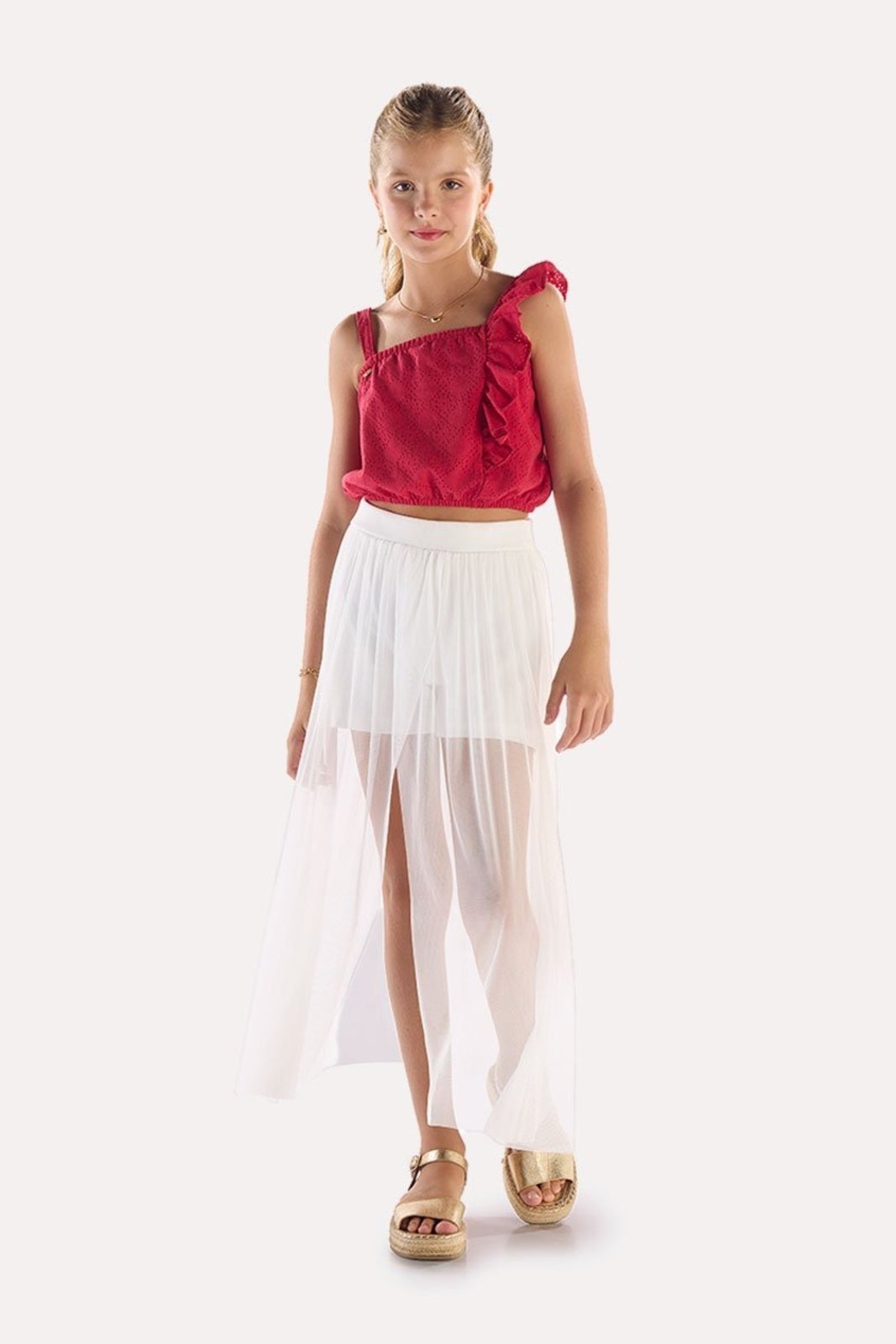 Infantil - Conjunto Blusa Laise e Saia Midi em Tule Vermelho