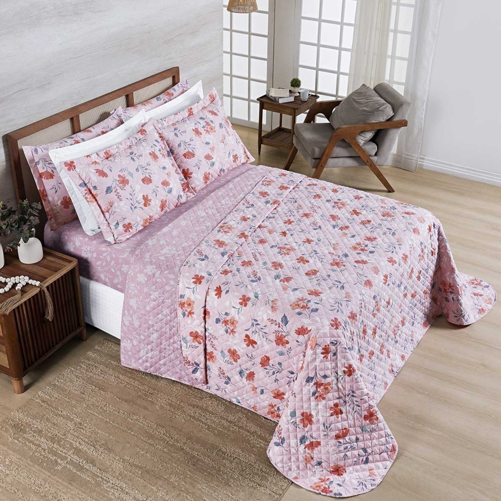 Kit Cobre Leito Colcha Casa Scarpa Belle King Estampado Dupla Face 400 Fios 3 Peças Floral Rosê