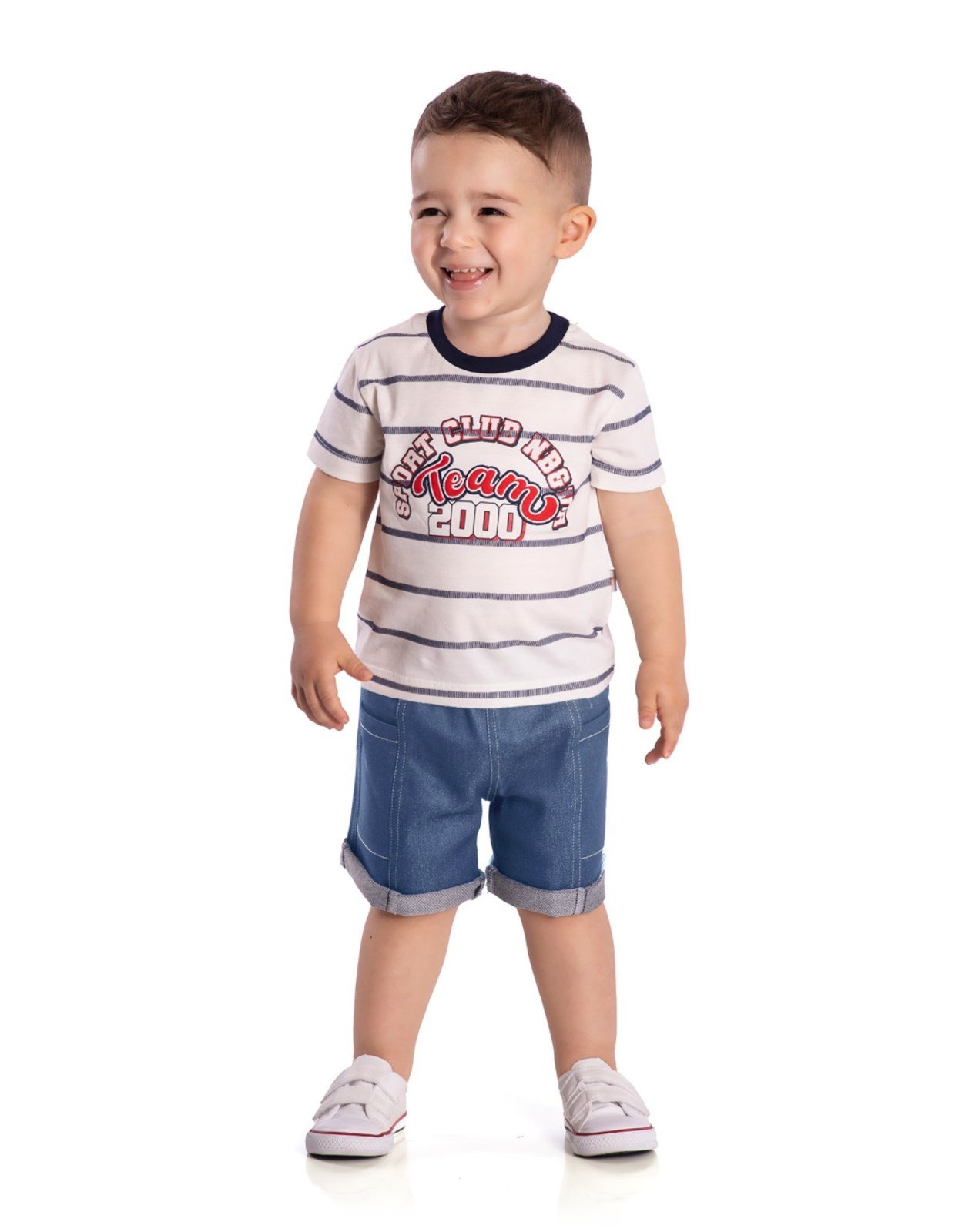 Infantil - Conj. camiseta listrada manga curta + bermuda jeans