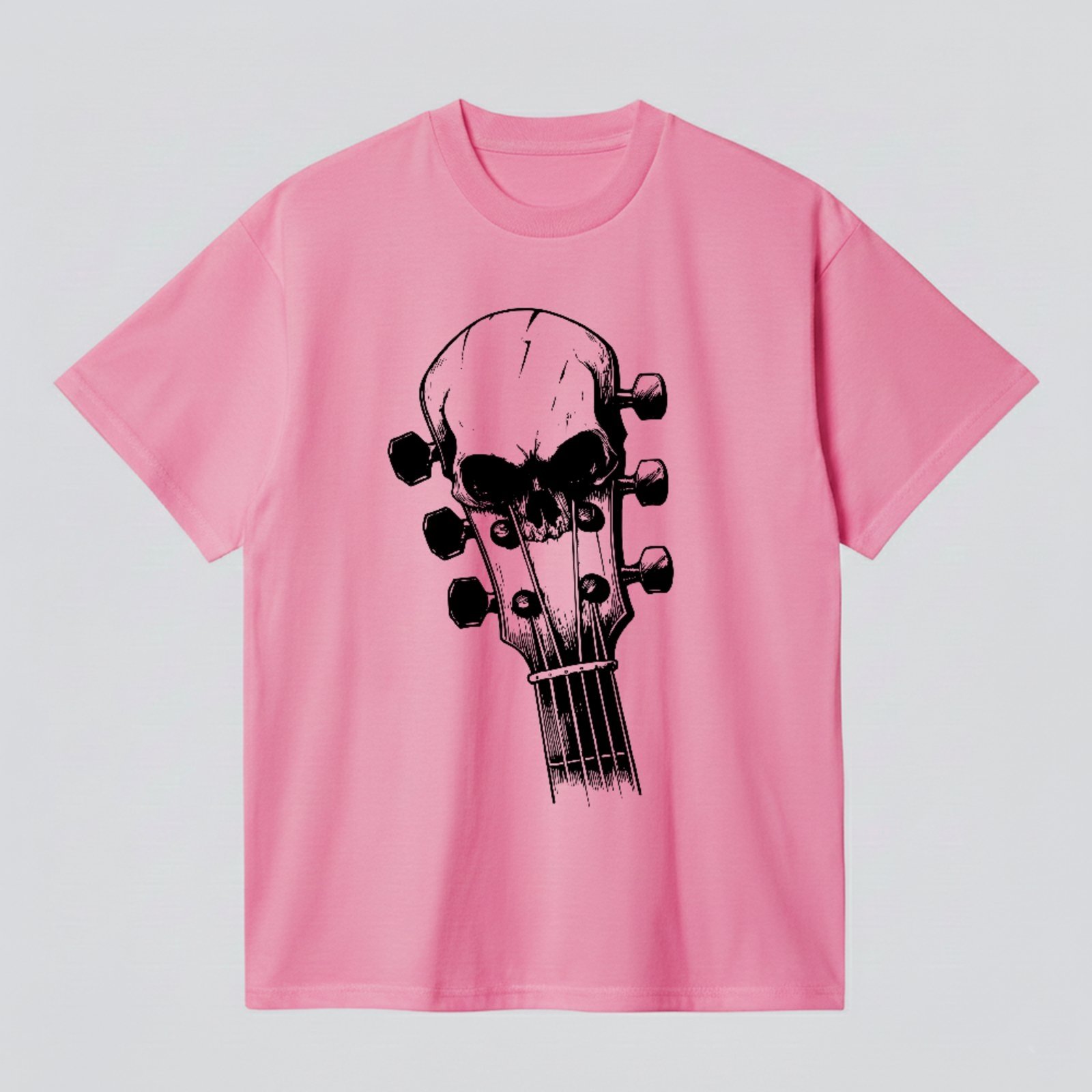 Camiseta Básica Skull Guitar Rock Estampa Heavy Metal Rosa