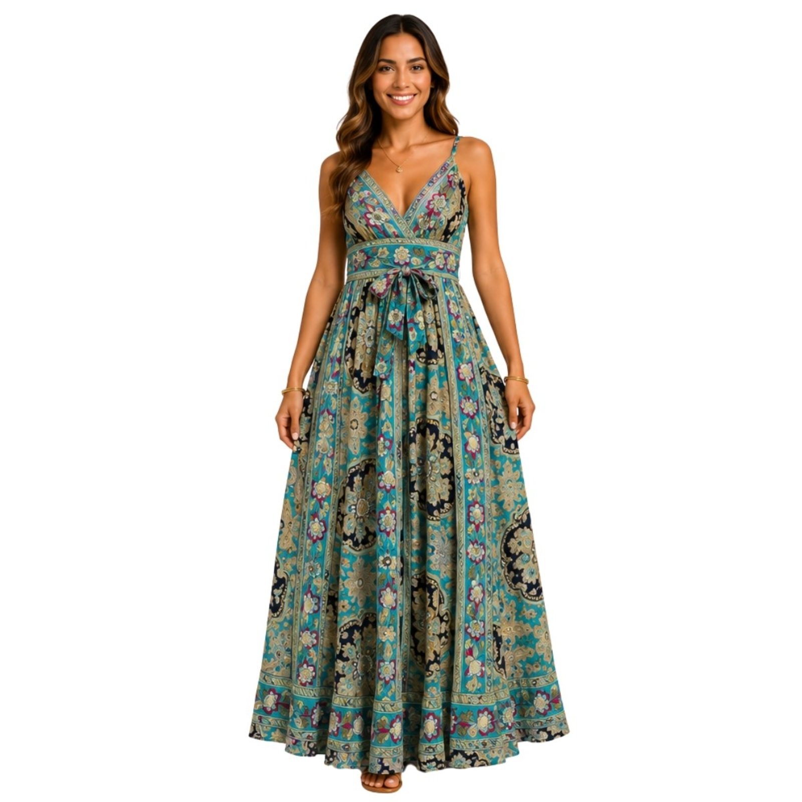 Vestido Longo Indiano Feminino Estampado Alças Reguláveis Boho Preto