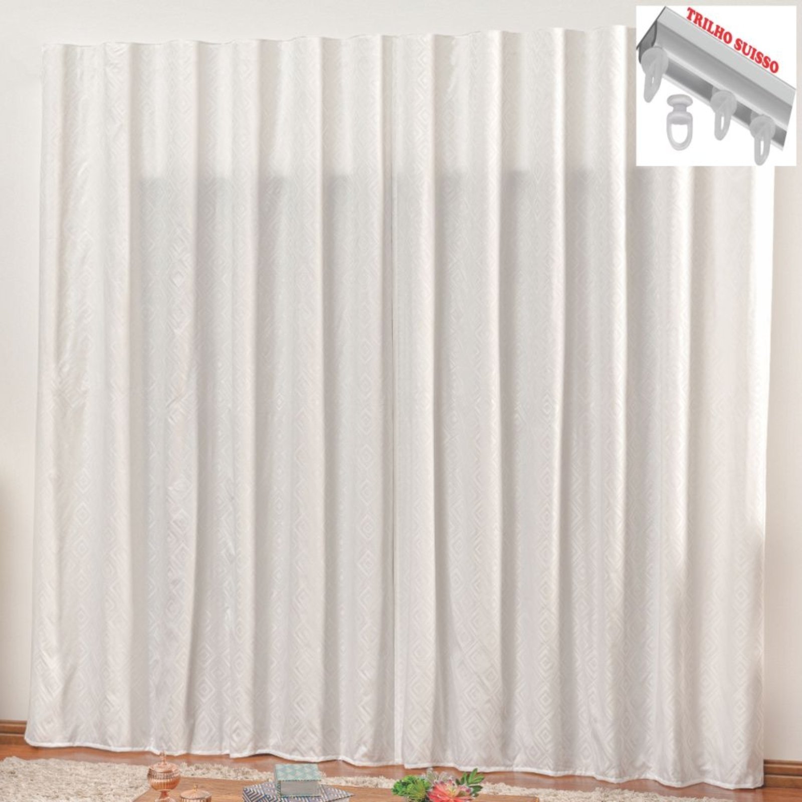 Cortina em Jacquard Bahamas 2,00 x 1,70 Para Trilho Suisso - Branca - 100% Poliéster