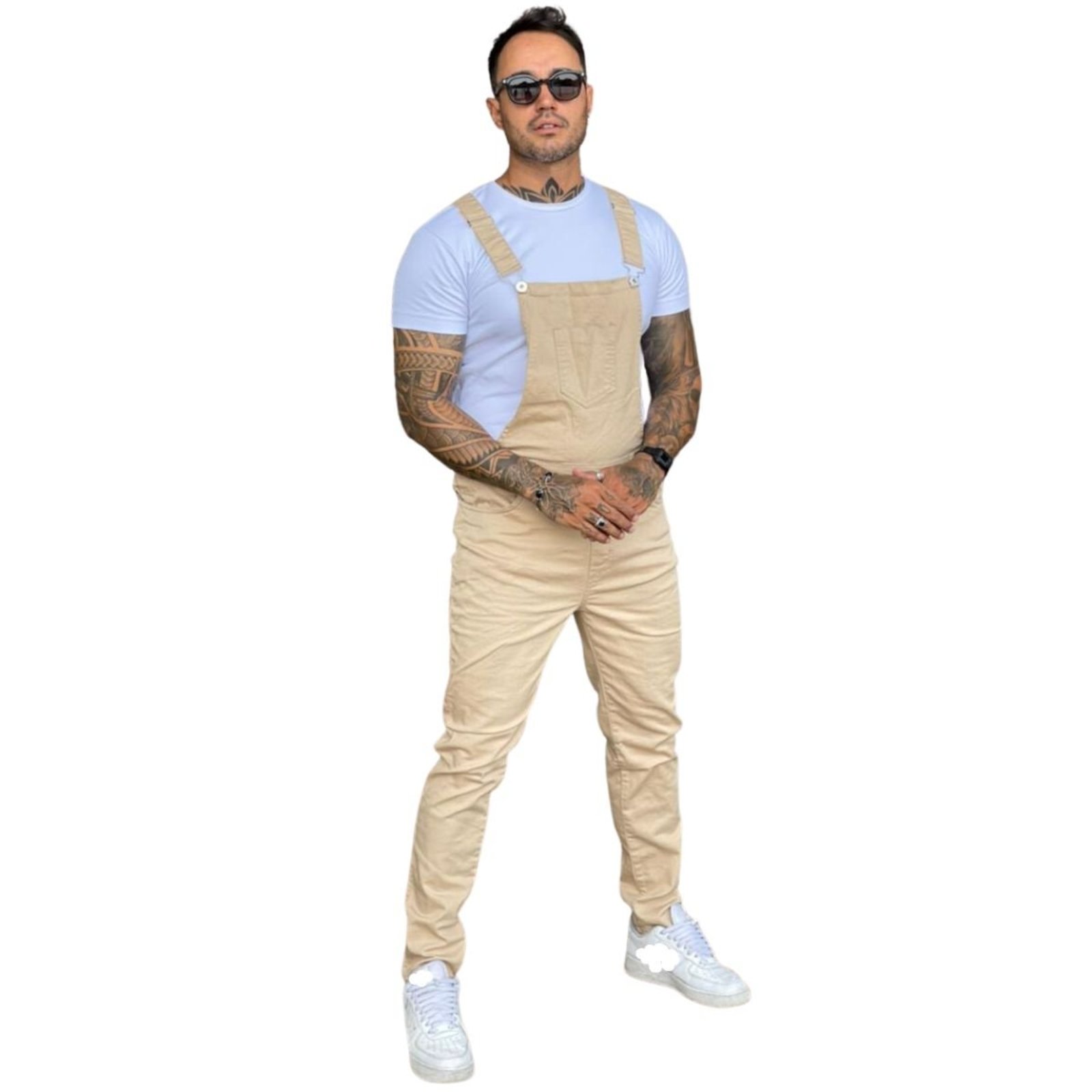 Macacão Jardineira Creme Sarja Masculino Jeans Loka