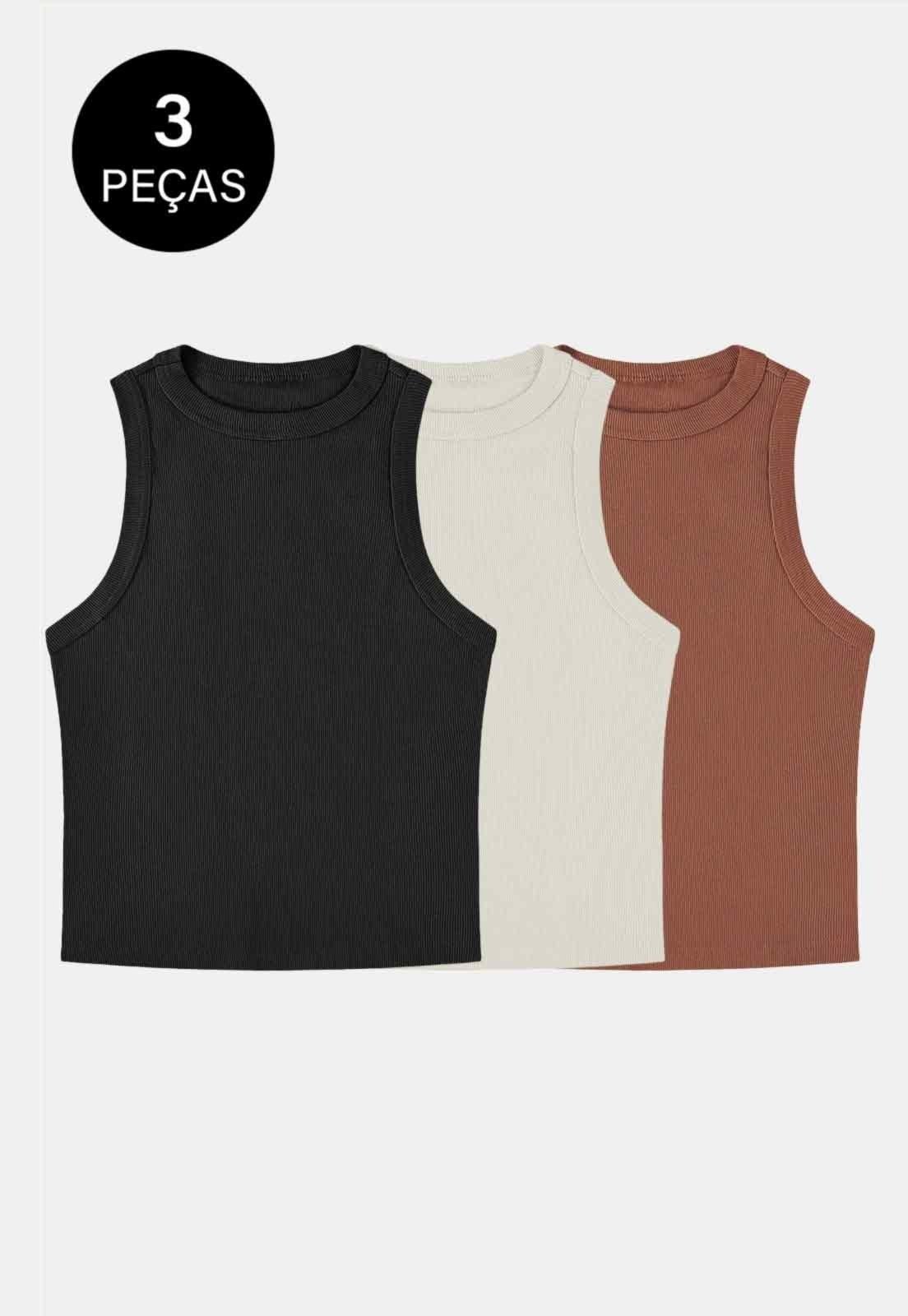 Kit 3 Regatas Canelada WA Blusinha Feminina Algodão Preto, Off-White e Bronze Preto,Off-White,Bronze