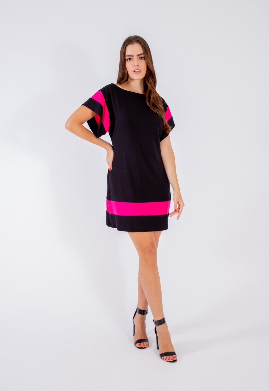 Vestido Viscolycra Maria Paes Curto Preto e Pink