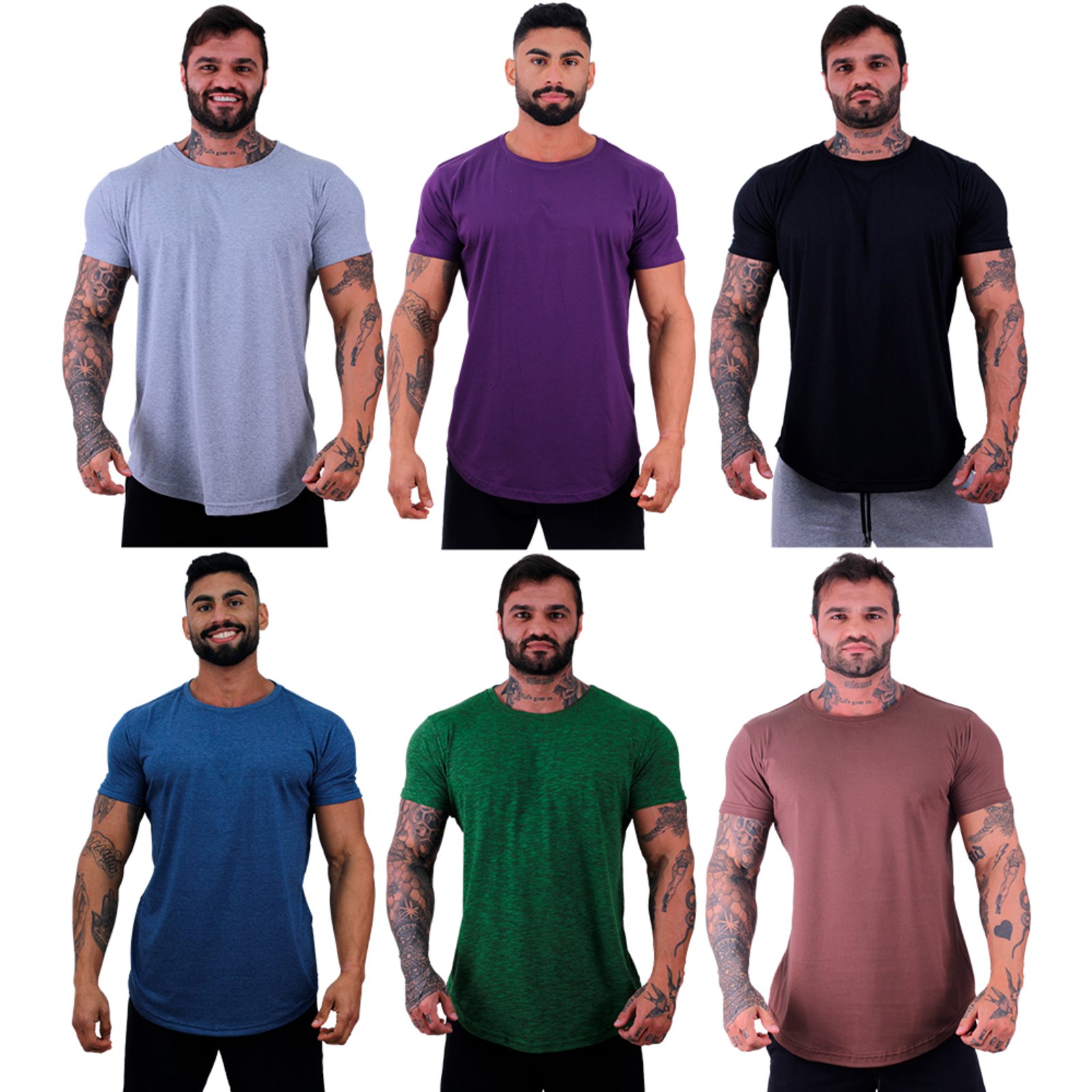 Kit 6 Camiseta Longline Masculina Alto Conceito Slim Mescla, Violeta, Preto, Mescla Marinho, Verde e Cacau