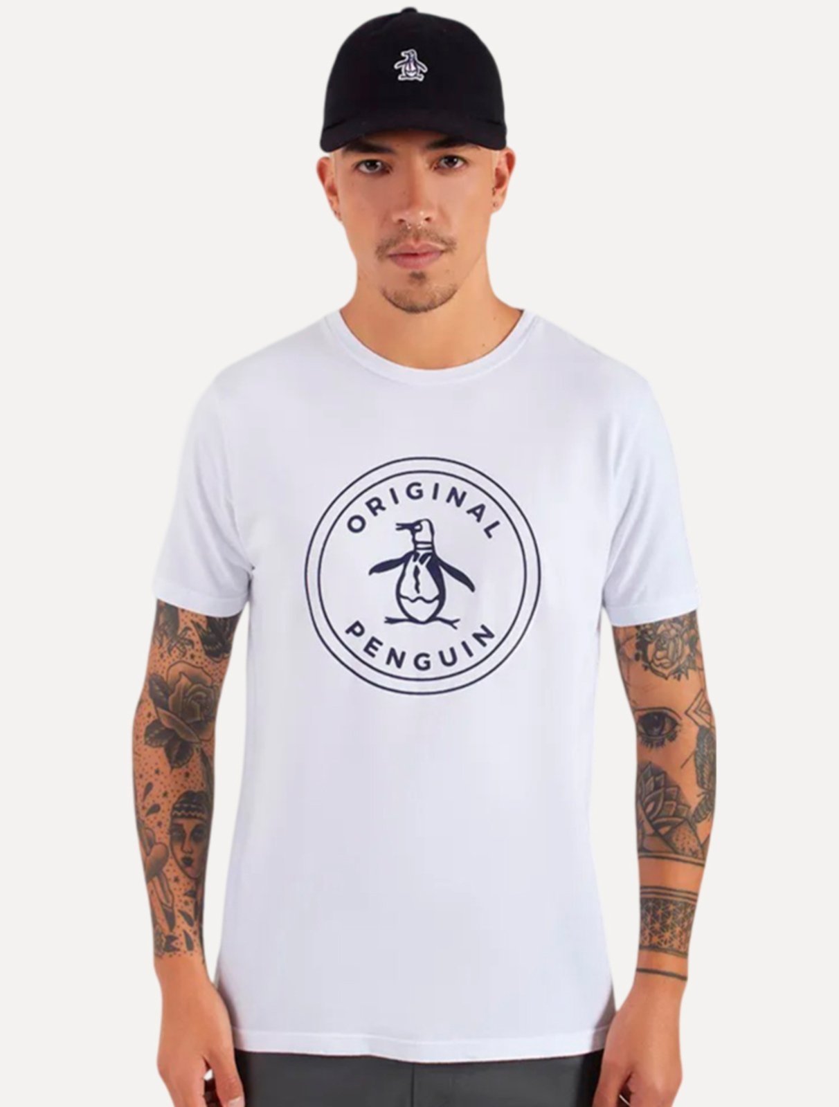 Camiseta Original Penguin Masculina Navy Circle Logo Branca
