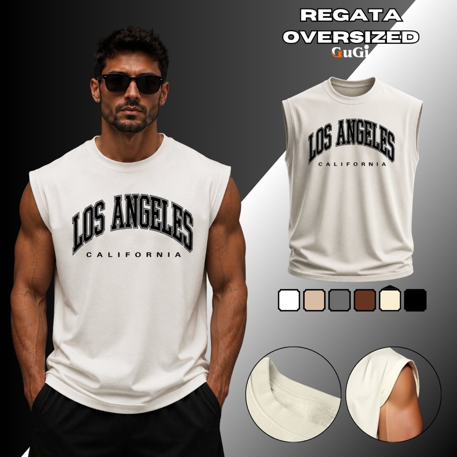 Camiseta Regata Masculina Oversized Estampada Los Angeles California 100% Algodão 30.1 Off White