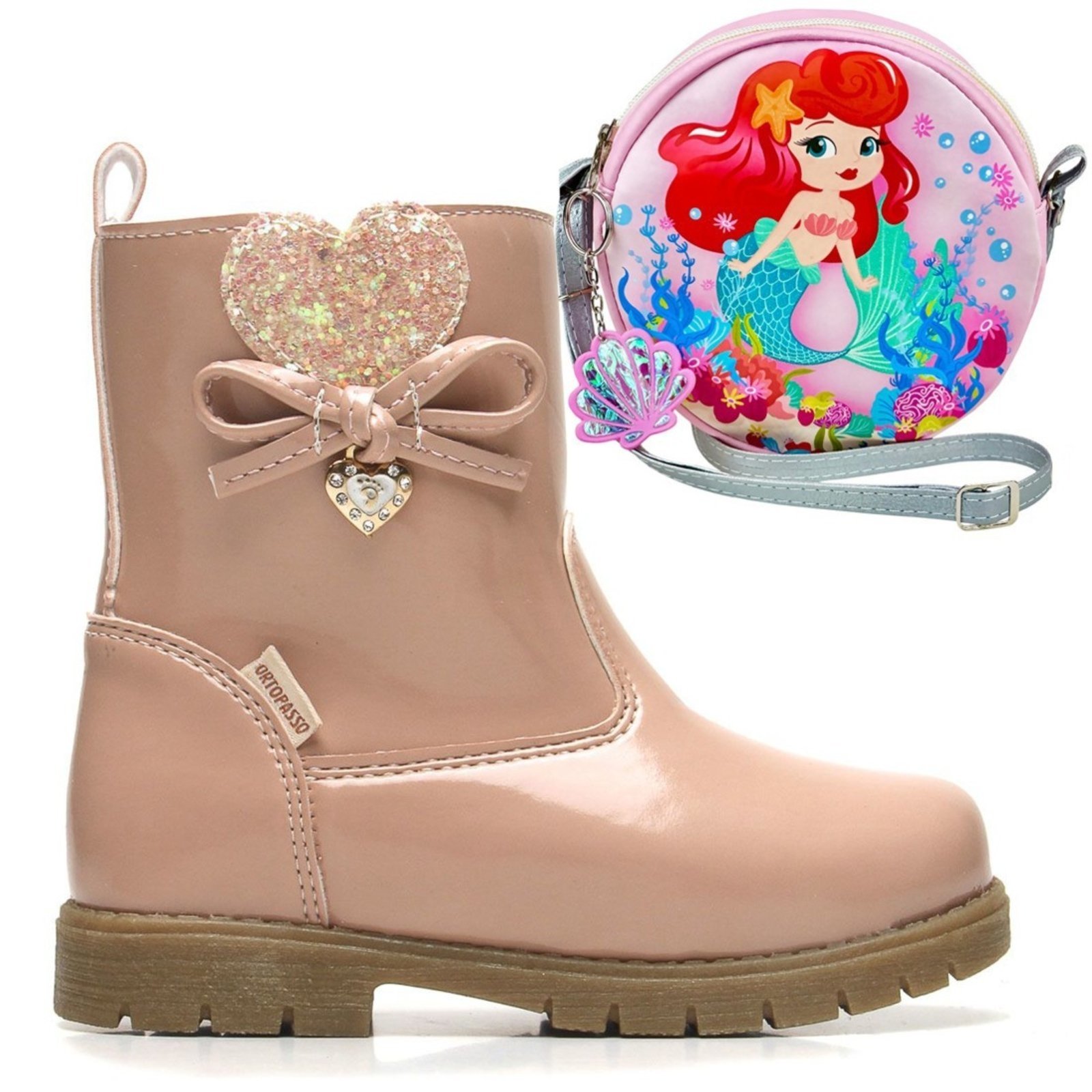 Infantil – KIT Bota Ortopasso Menina + Bolsa Sereia Escolar Rosa