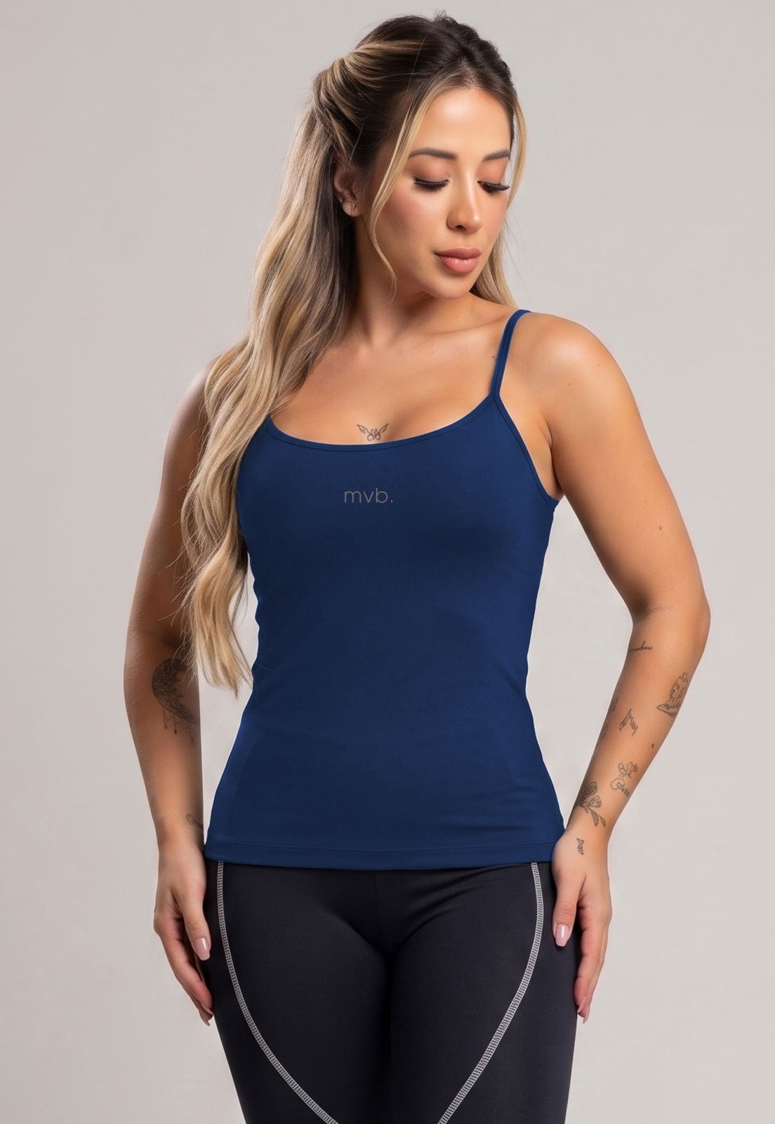 Regata MVB Modas Alça Fina Fitness Blusa Feminino Liso Slim Camiseta Azul