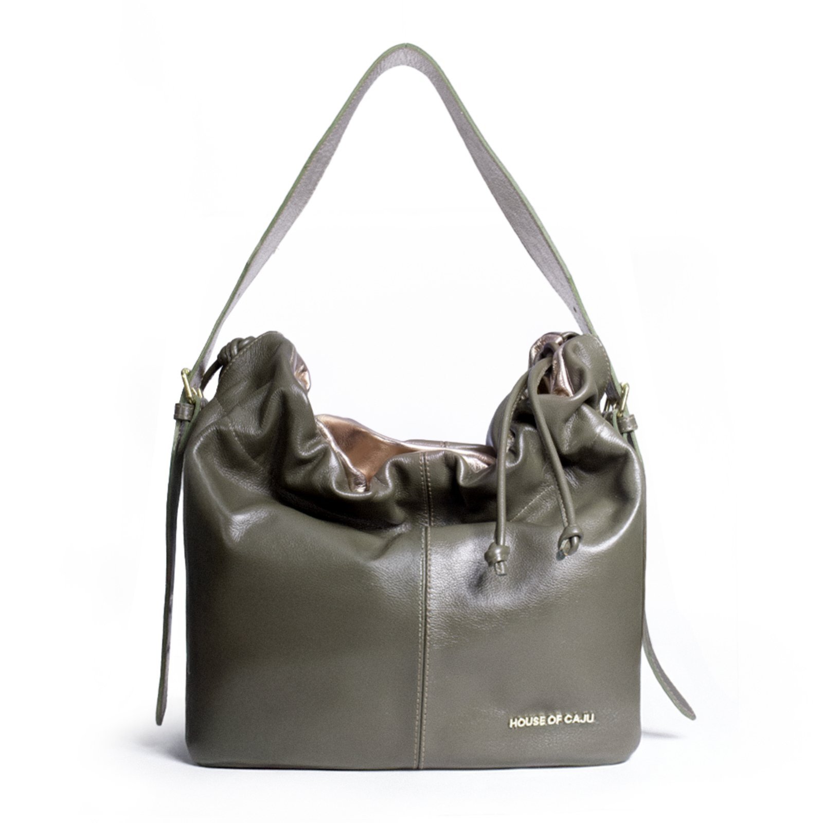 Bolsa Feminina Em Couro Alça De Mão Oliva Com Dourado “Denise Del Boccio De Oliveira”””