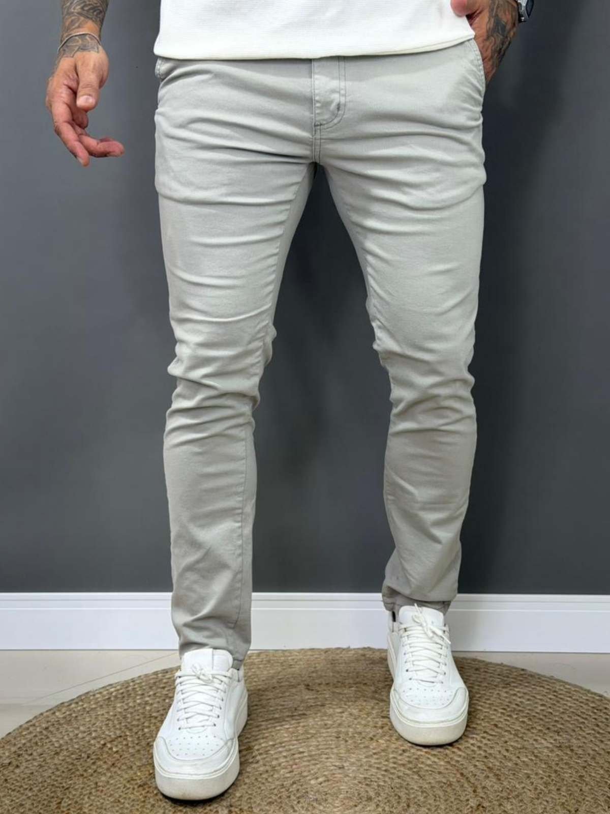 Calça Alfaiataria Masculina Cinza Claro Slim Fit Stretch Elegante Casual