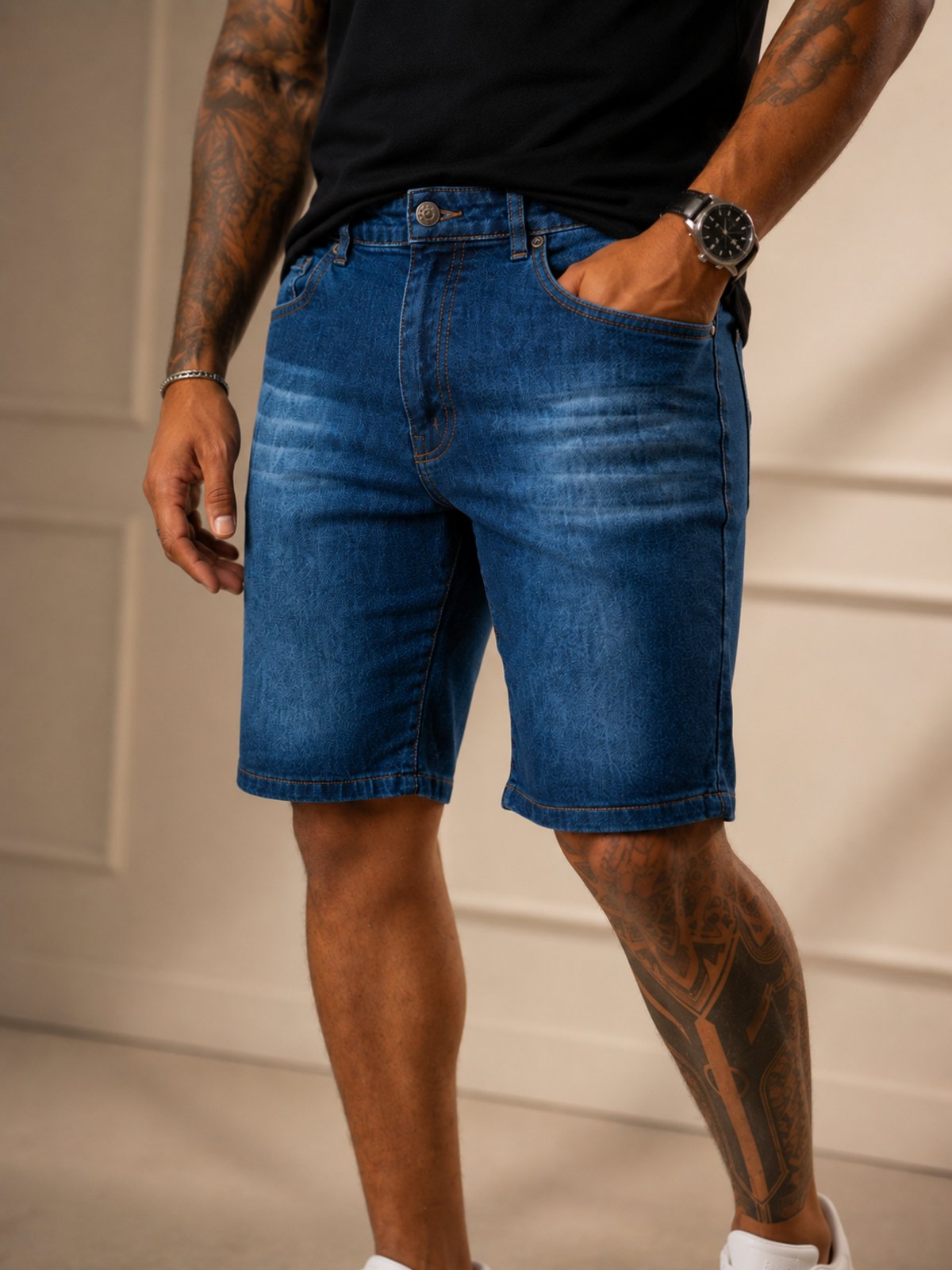 Bermuda Jeans Masculina Yellow Jeans Premium Azul Médio Comfort Fit Com Elastano Casual Moderna
