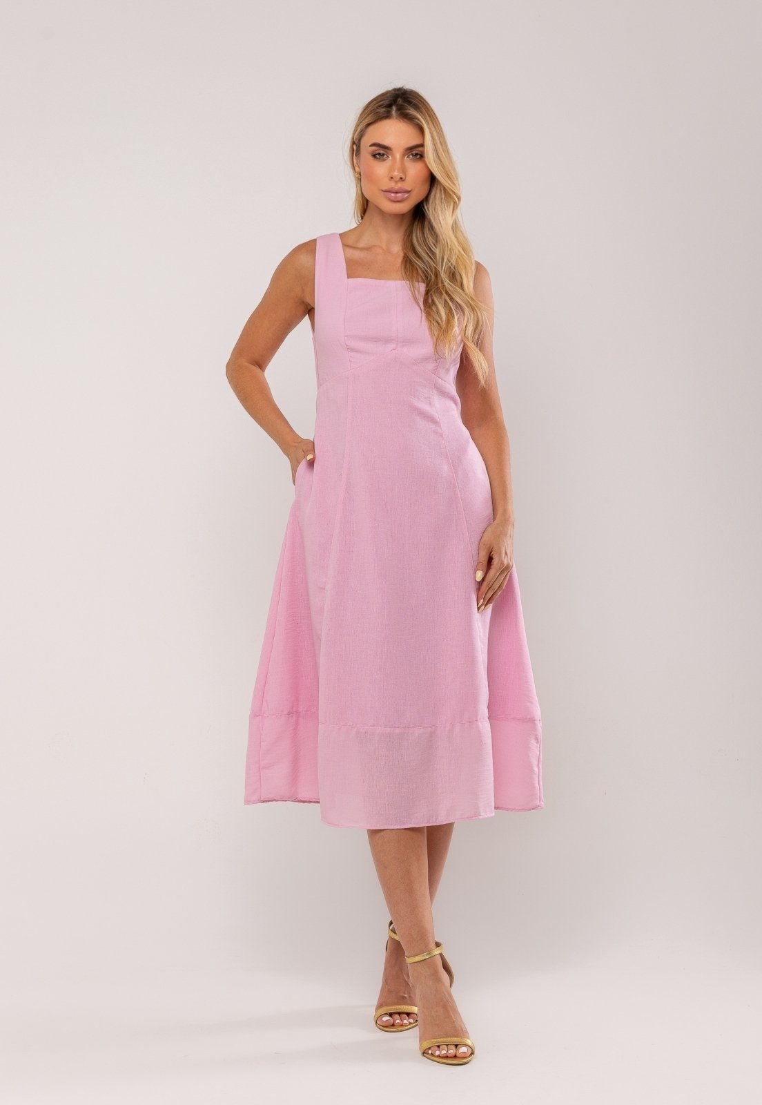 Vestido Midi Decote Reto e Alça Larga Salvatore Rosa
